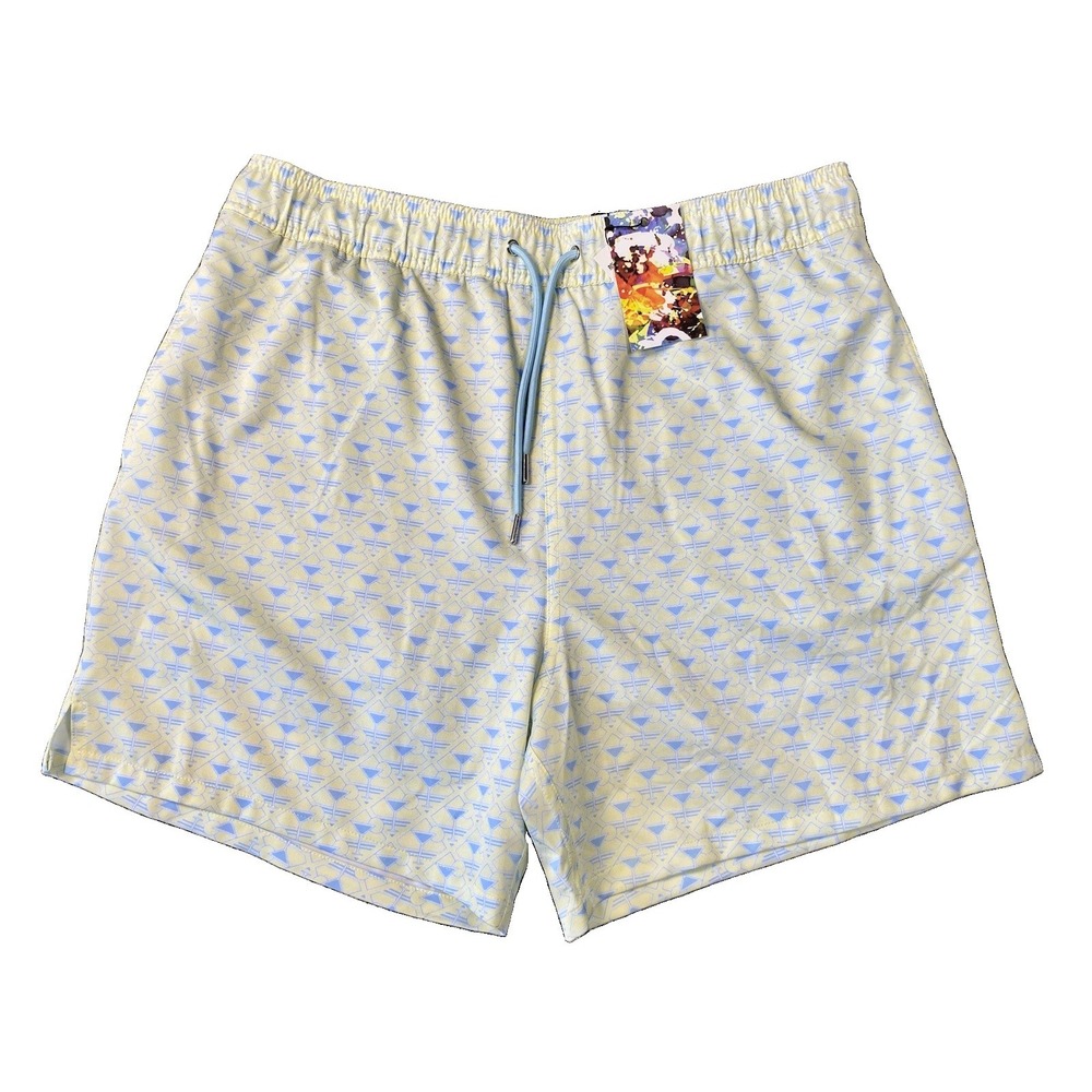 Robert Graham Mens Martini Tower Swim Trunks Yellow Blue Size Large Lined NWT
